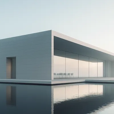 Low white pavilion over still water in fog