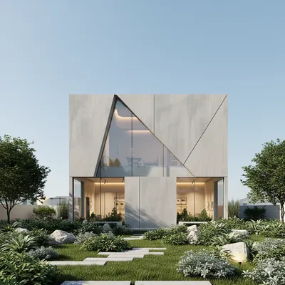 Concrete cube with a triangular window in a garden
